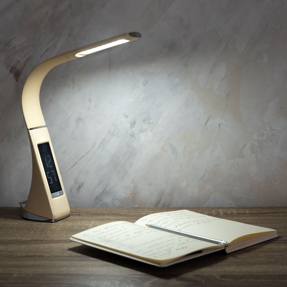 TLD-542 Cream-LED-300Lm-5000K-Dimmer Светильник настольный c часами. календарем. термометром. 5W. Сенсорный выключатель. Кремовый стилизован под кожу. TM Uniel.