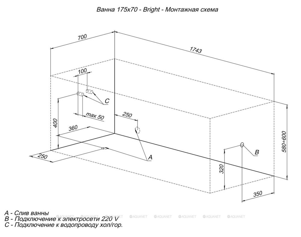 Акриловая ванна Aquanet (Акванет) Bright 175x70 с каркасом