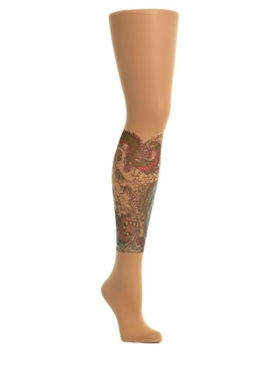 Колготки с принтом в виде тигра и дракона на правой ножке (Размер: S-M-L) (Цвет: бежевый)