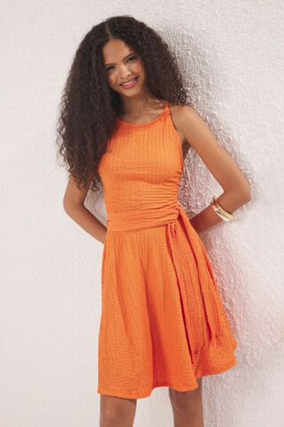 Оранжевое текстурированное мини-трикотажное платье с завязками на бретелях для фигуристов/талии TWOSS25EL00794