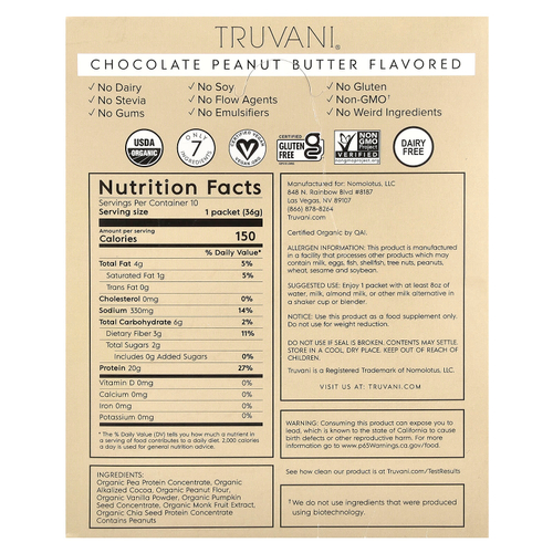 Truvani, протеин на растительной основе, со вкусом шоколада и арахисовой пасты, 10 пакетиков по 36 г (1,27 унции)