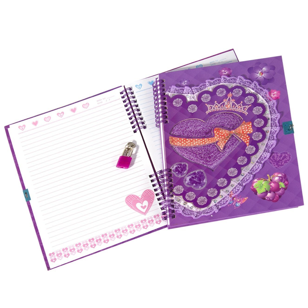 Блокнот 18,5 см * 27 см, гребень, Alingar, ламинация, глиттер, аппликация, замочек, 55 л., "Кружевное сердце", фиолетовый