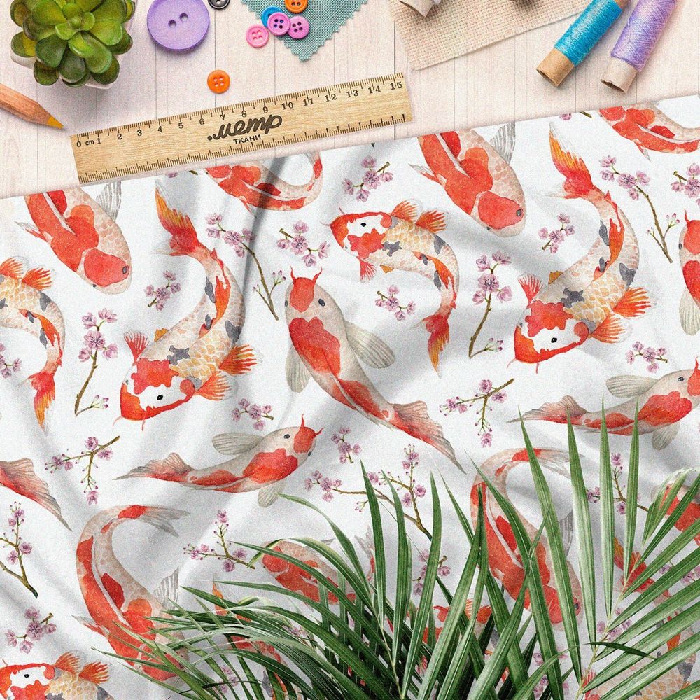 Ткань флис японские карпы с веточками цветов