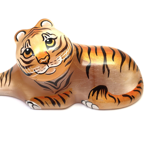 Отдыхающий тигр 100х49 мм, статуэтка расписная из селенита
