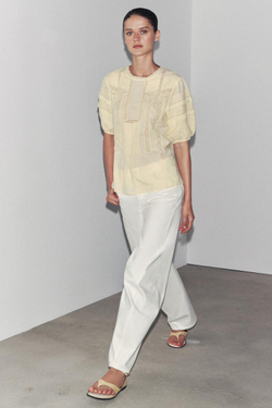 ZARA ТОП С КРУЖЕВОМ, СВЕТЛО-ЖЕЛТЫЙ