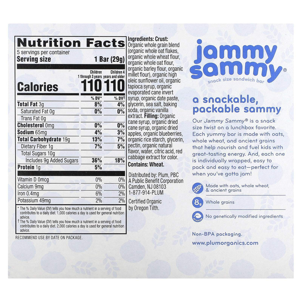 Plum Organics, Jammy Sammy, сэндвич-батончик для детей от 15 месяцев, черника и овсянка, 5 батончиков, 29 г (1,02 унции)