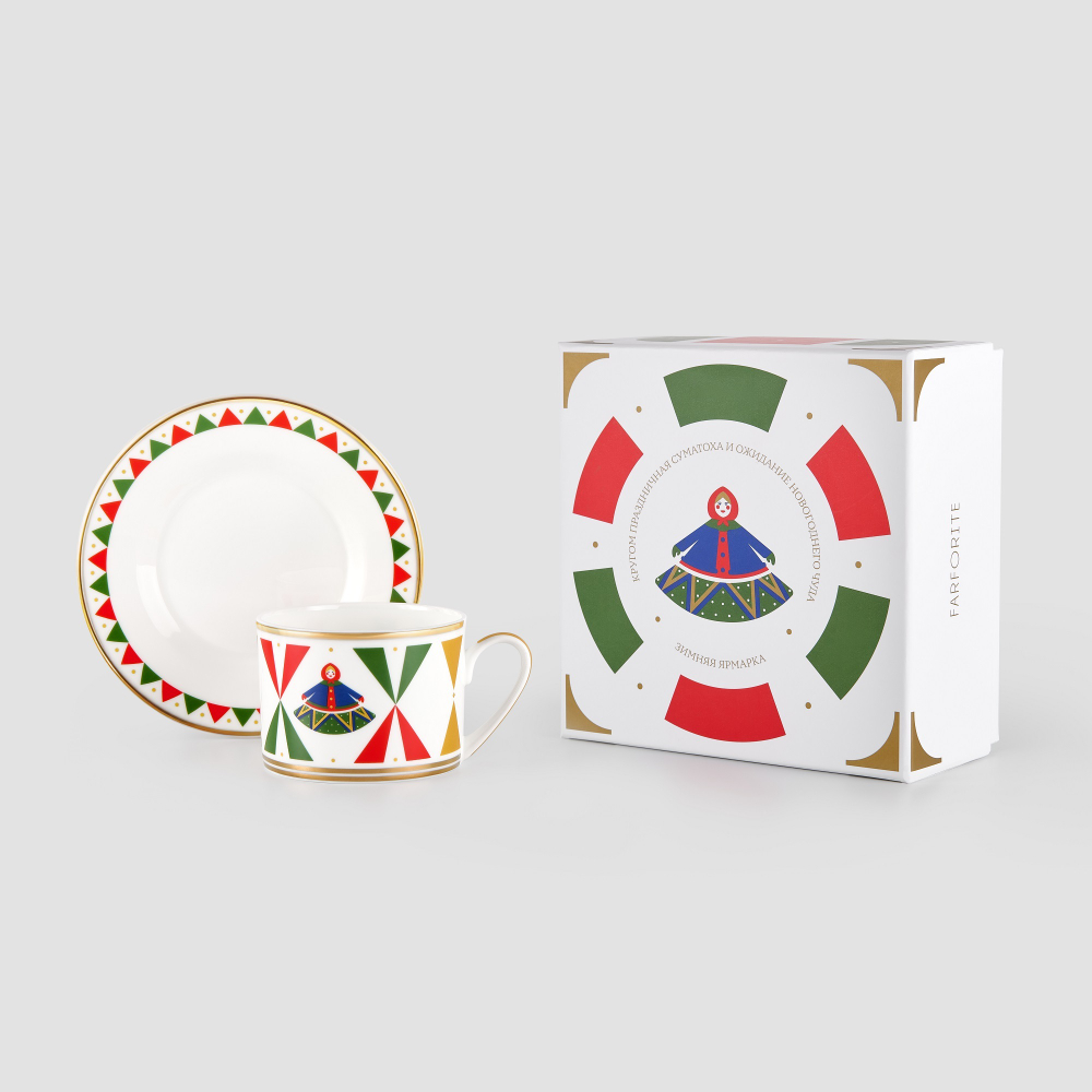 Чайная пара Farforite «Зеленая ярмарка / Зимняя ярмарка» 250 мл в подарочной коробке
