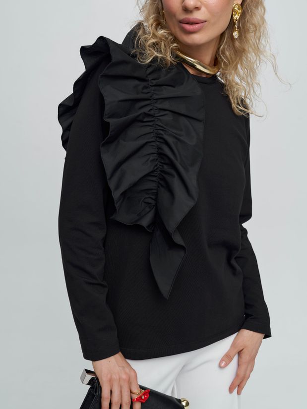 Лонгслив с воланом, черный