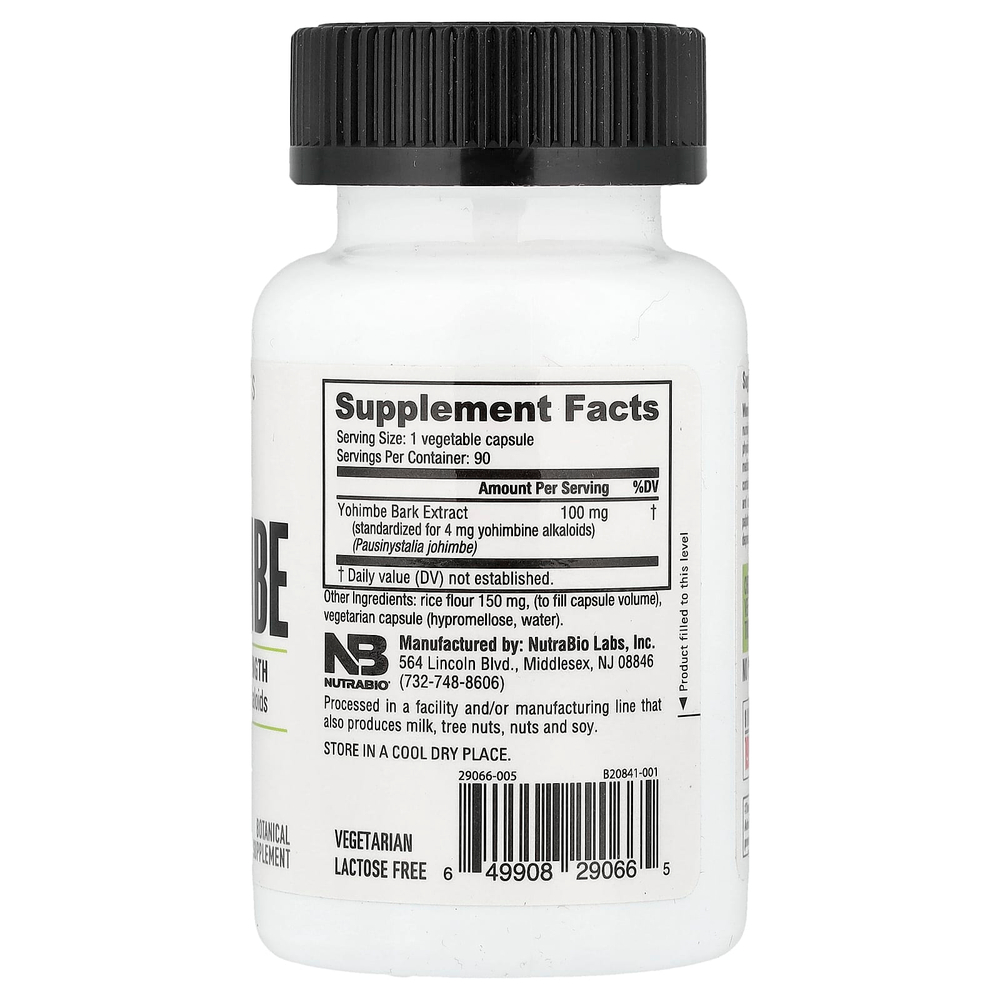 NutraBio, Йохимбе, 90 капсул (100 мг на капсулу)