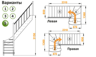 Лестница на второй этаж ЛС-07м/5 Правая под покраску