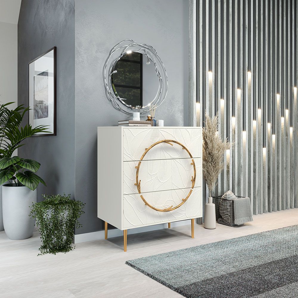 Комод Арт Колор leaves Стайл Голд с 3 ящиками Белый опал