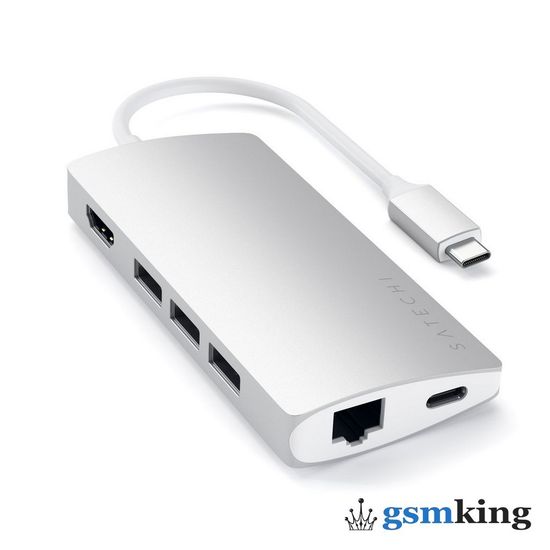 Satechi Type-C Multi-Port Adapter 4K with Ethernet V2 (USB-C PD to 3 x USB 3.0 ports + SD card slot + Micro SD card + Gigabit Ethernet + 4K HDMI) Silver ST-TCMA2S