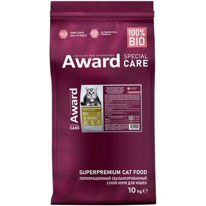 Сухой корм AWARD SPECIAL CARE Sensitive Digestion для взрослых кошек с чувствительным пищеварением со свежим мясом утки 10кг