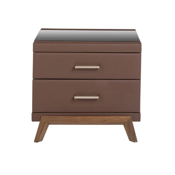 Прикроватная тумбочка 7162/GNS576 из ореха, коричневой экокожи и черного стекла