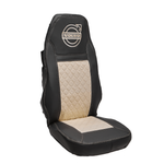 Чехлы VOLVO FH-13 после 2018 года: 2 высоких сиденья, ремни от стоек сиденья (нет вырезов под ремень) (экокожа, черный, бежевая вставка)