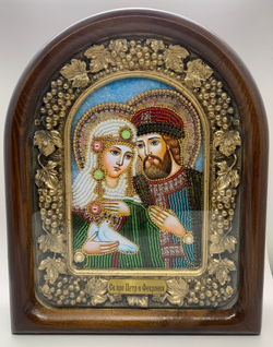 Дивеевская икона с рукописным ликом из бисера Св. Прп. Петра и Февронии