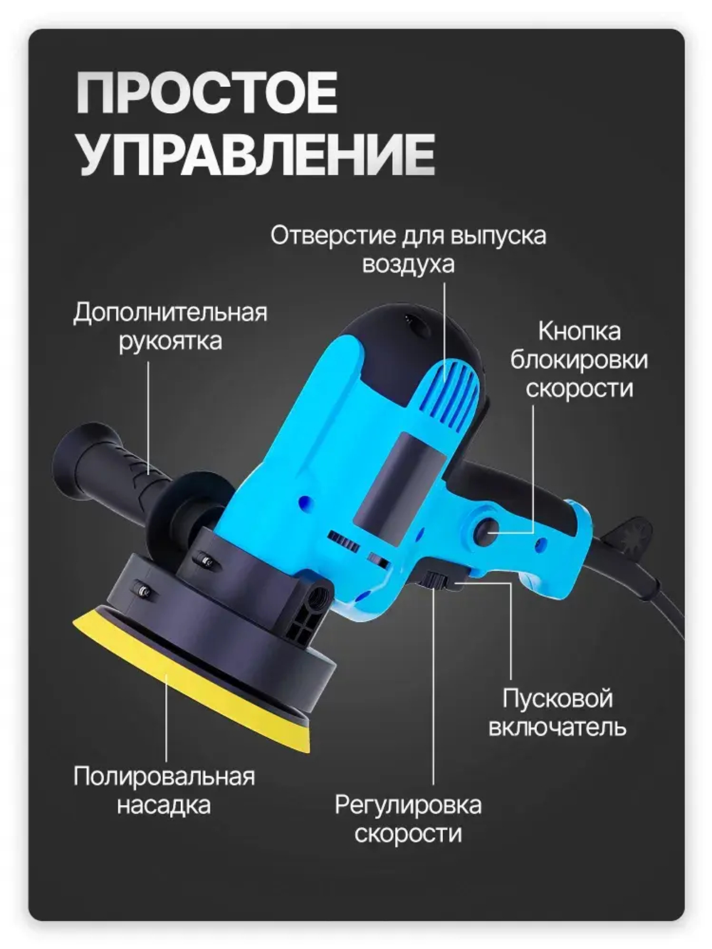 Ручная полировальная машинка электрическая, сетевая с регулируемой скоростью / Шлифовальная машинка для полировки и детейлинга кузова WPM1-14