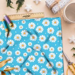 Ткань премиум таффета ромашки на голубом