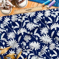 Ткань премиум таффета белые цветы на темно-синем