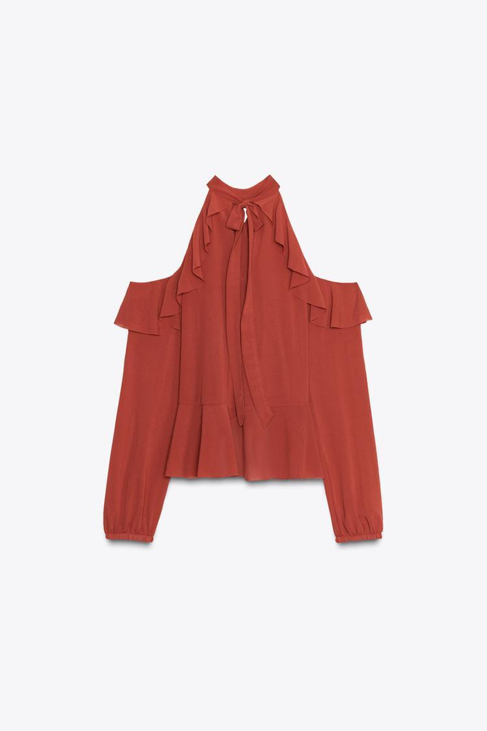 ZARA ТОП ХАЛТЕР С ВОЛАНАМИ, ТЕРРАКОТОВЫЙ