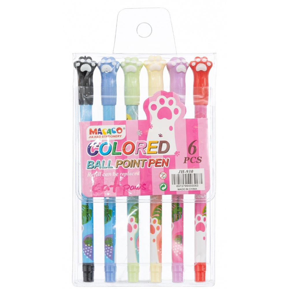 Ручка шариковая, масляная, Basir, цветные чернила, серия "ЛАПКИ", цветной корпус с фигуркой, набор 6 шт