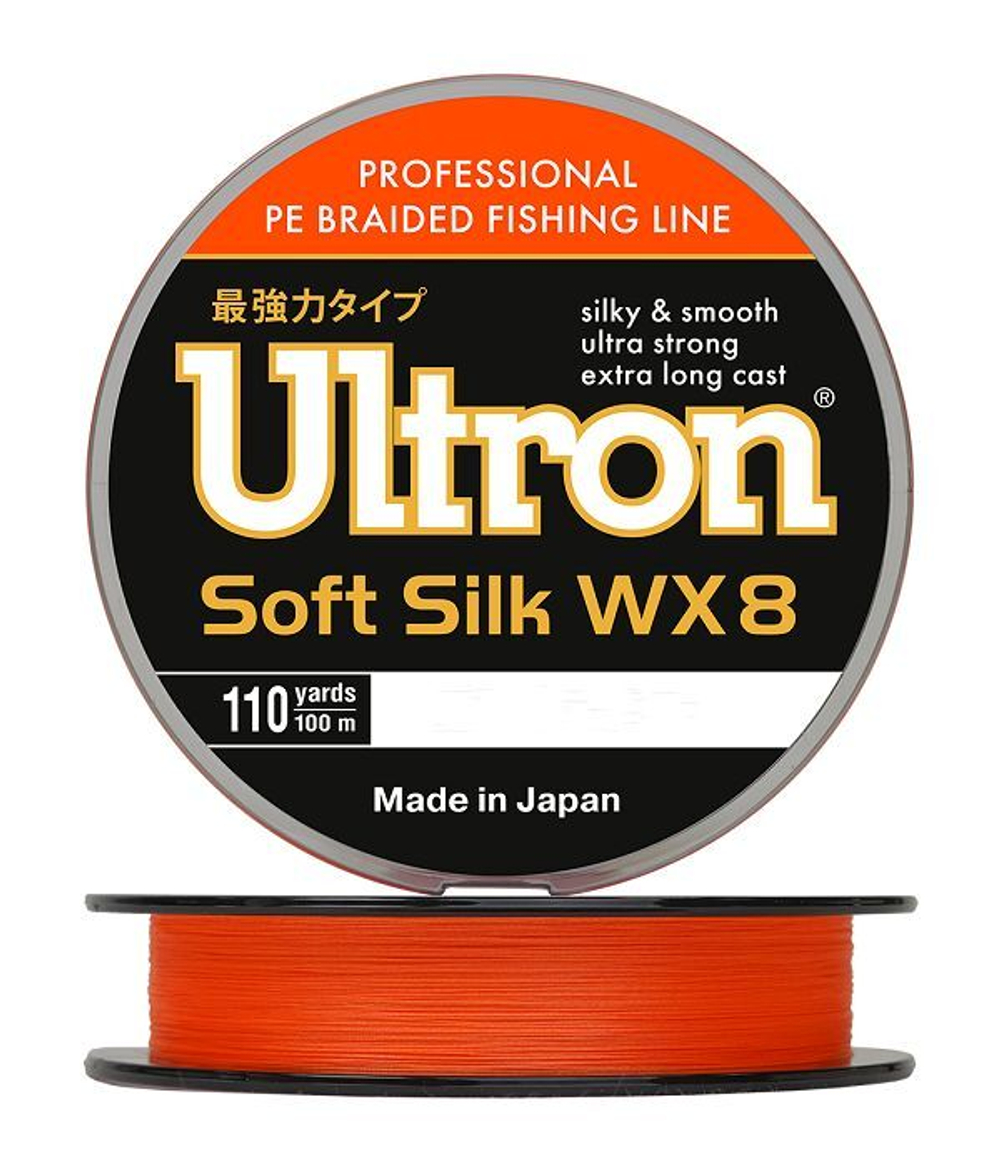 Плетеный шнур для рыбалки ULTRON WX 8 Soft Silk 0,12 мм, 10,0 кг, 100 м, оранжевый. Товар уцененный