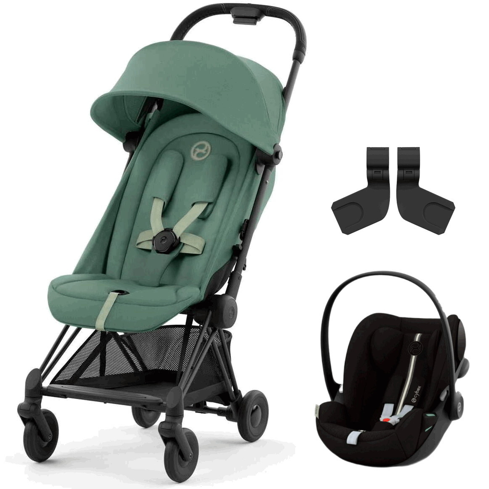Коляска Cybex Coya Matt Black Frame Cloud G i-Size Moon Black Plus 2 в 1 Leaf Green с дождевиком