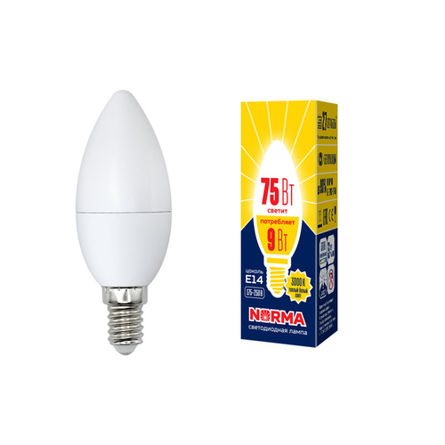 LED-C37-9W/WW/E14/FR/NR Лампа светодиодная. Форма свеча, матовая. Серия Norma. Теплый белый свет (3000K). Картон. ТМ Volpe