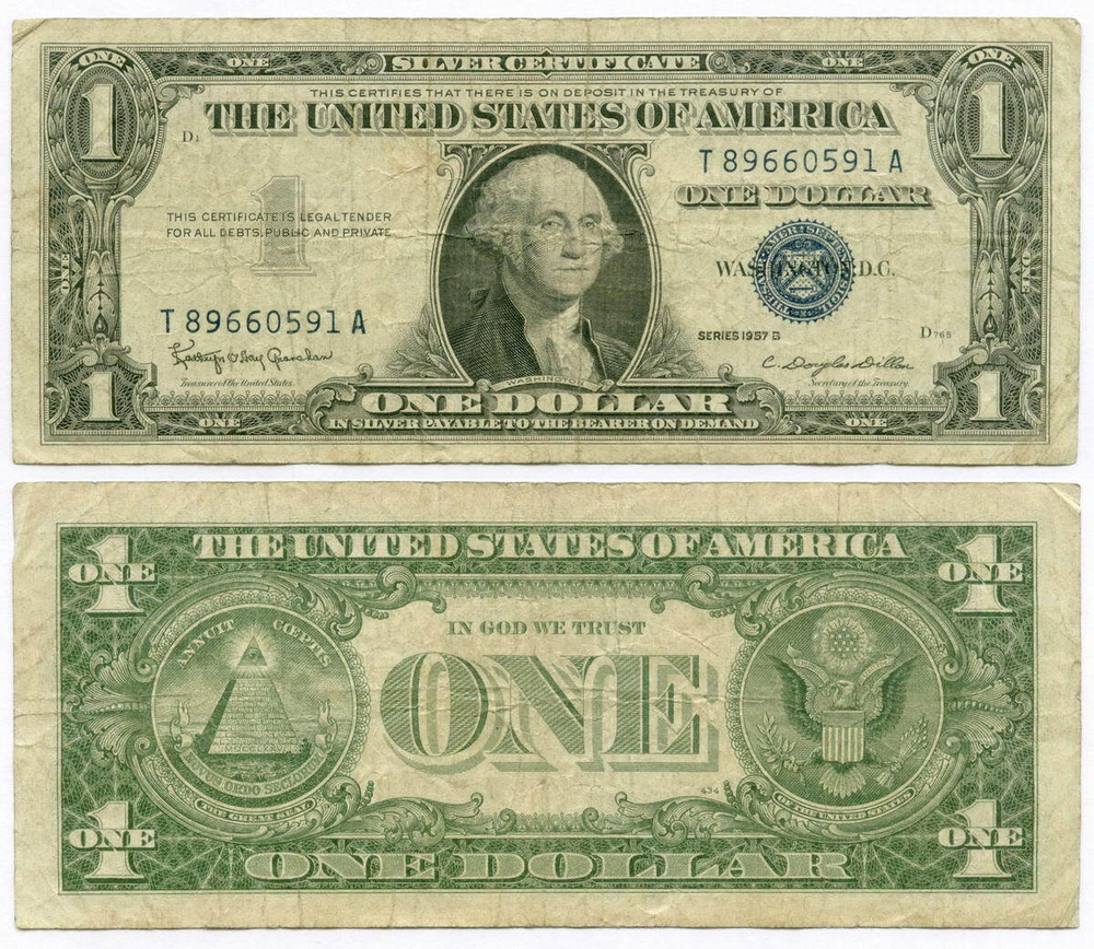 Банкнота США 1 доллар (серебряный сертификат) 1957B T 89660591 A. F