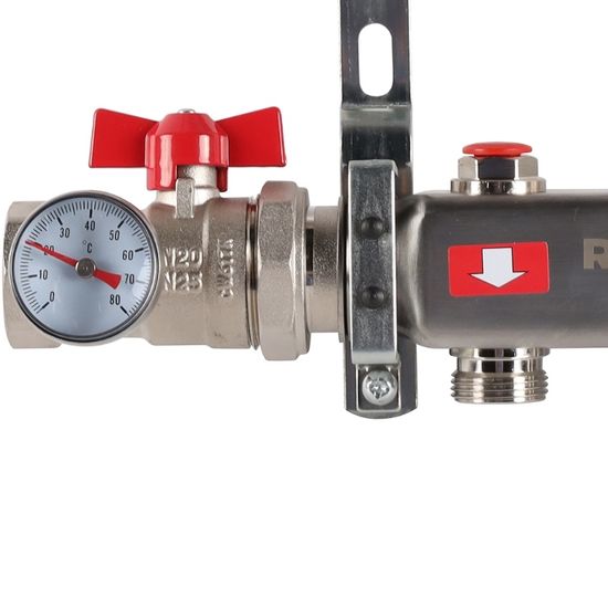 Коллектор Rommer 1"x3/4" на 3 контура с запорными клапанами в сборе (нерж. сталь) RMS-3210-000003