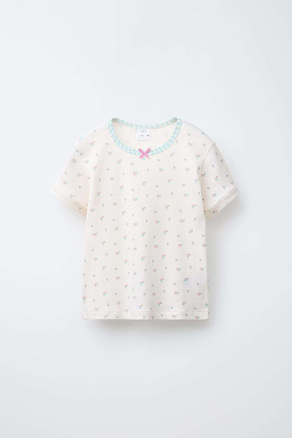 ZARA ПИЖАМА В КЛЕТКУ ВИШИ С ЦВЕТОЧНЫМ ПРИНТОМ И ШОРТАМИ-БЕРМУДАМИ, ЭКРЮ