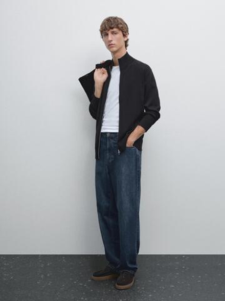 Massimo Dutti Кардиган из 100% хлопка с застежкой-молнией, темно-синий