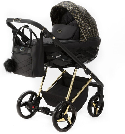 Детская коляска Adamex Quantum SE Exclusive 3 в 1 Q-DW522 (ЧЕРНЫЙ+ЗОЛОТОЙ ОРНАМЕНТ+ЗОЛОТО РАМА)