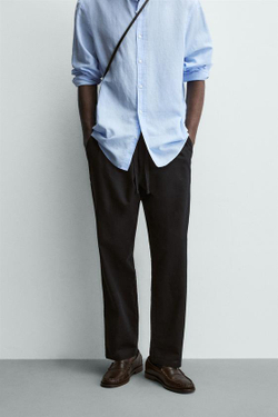 ZARA БРЮКИ RELAXED FIT ИЗ СМЕСИ ХЛОПКА, ЧЕРНЫЙ