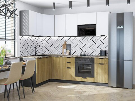 Угловая модульная кухня Евро Лайн-05 Белый/Дуб песочный - Graphite 2140*1400/2400*600