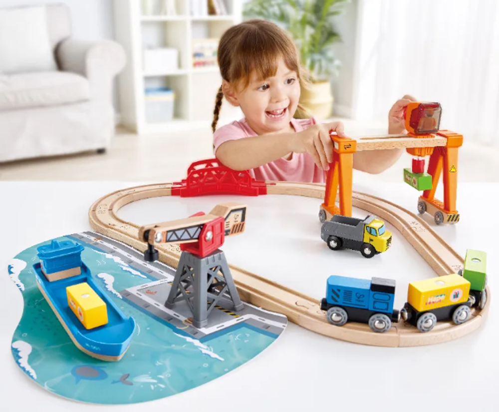 Детская деревянная Железная дорога "Подъемно-погрузочная гавань"