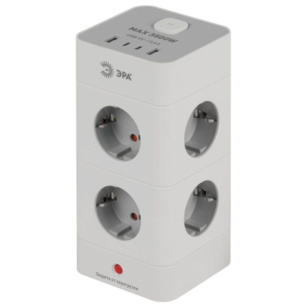 Сетевой фильтр ЭРА TWR-8es-1,5m-4USB-W башня с защитой заземлением с выключателем 8 розеток+4xUSBA+C 1,5м 16А белый | Сетевые фильтры