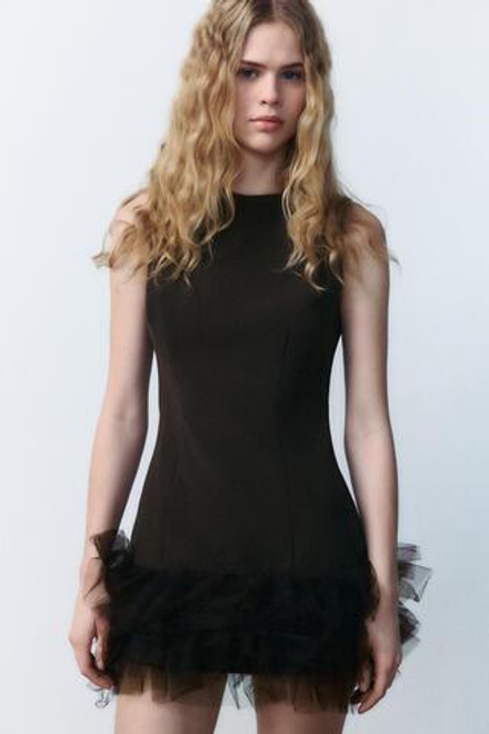 ZARA КОМБИНЕЗОН С ДЕТАЛЯМИ ИЗ ПОЛУПРОЗРАЧНОЙ ТКАНИ, ТЕМНО-КОРИЧНЕВЫЙ