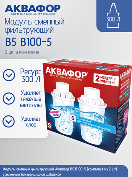 Модуль сменный фильтрующий Аквафор B5 В100-5 (комплект из 2 шт) усиленный бактерицидной добавкой