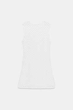 ZARA МИНИ-ПЛАТЬЕ ИЗ ТРИКОТАЖА POINTELLE, БЕЛЫЙ