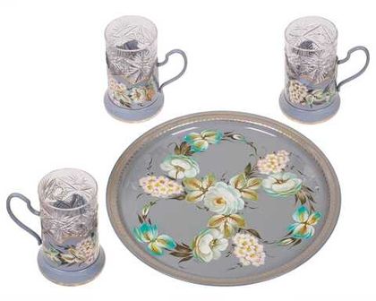 Set of 3 tea glass holders with zhostovo metal tray D-30 cm SET18122022004