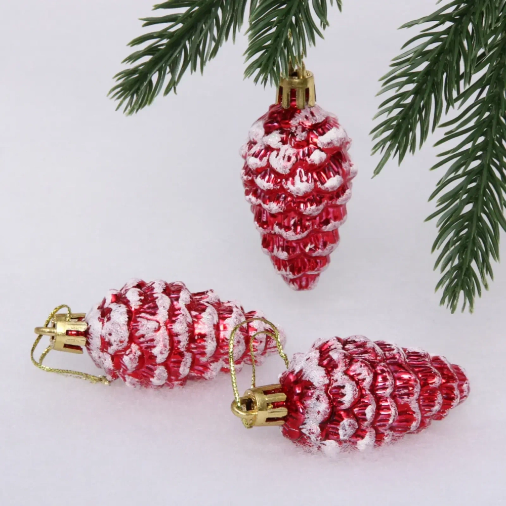 Елочные игрушки «Шишечки в инее» 5,5 см (набор 3 шт), Красный