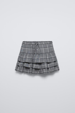 ZARA ЮБКА С ВОЛАНАМИ В КЛЕТКУ, СВЕТЛО-СЕРЫЙ