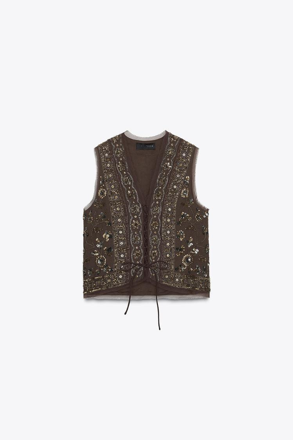 ZARA ЖИЛЕТ С ВЫШИВКОЙ И БУСИНАМИ — ZW COLLECTION, ШОКОЛАДНО-КОРИЧНЕВЫЙ