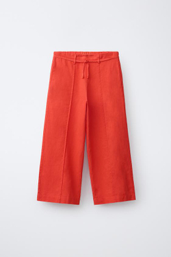 ZARA БРЮКИ ПРЯМОГО КРОЯ ИЗ СМЕСОВОГО ЛЬНА СО ШНУРКОМ, КРАСНЫЙ
