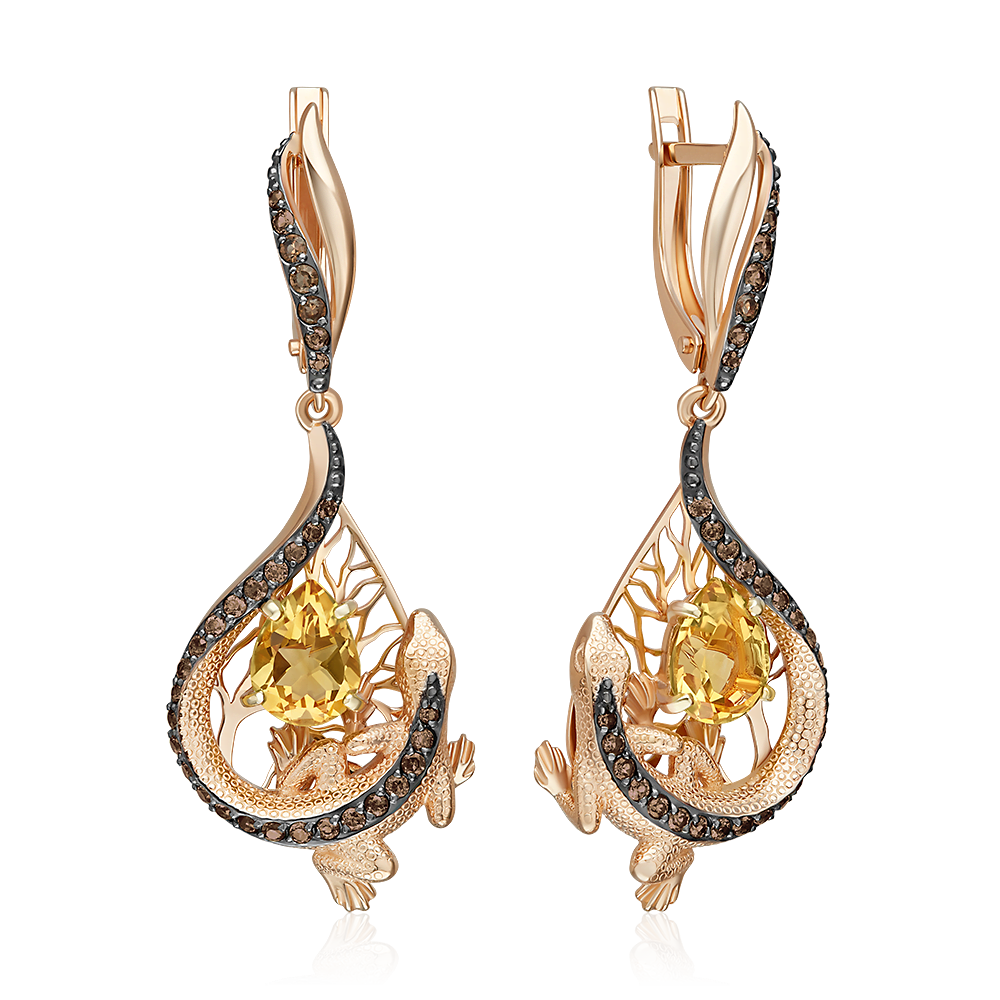 Серьги «Золотистые ящерицы» с английским замком из красного золота с цитрином и кварцем дымчатым