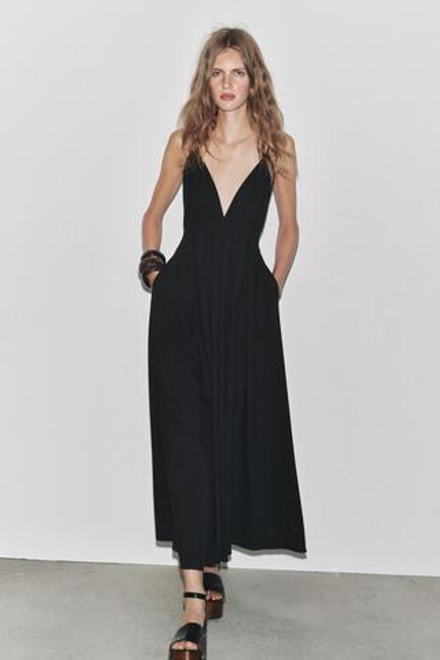 ZARA ДЛИННОЕ ПЛАТЬЕ С ЗАВЯЗКАМИ ZW COLLECTION, ЧЕРНЫЙ