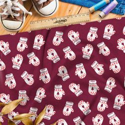 Ткань бифлекс белые варежки на бордовом фоне