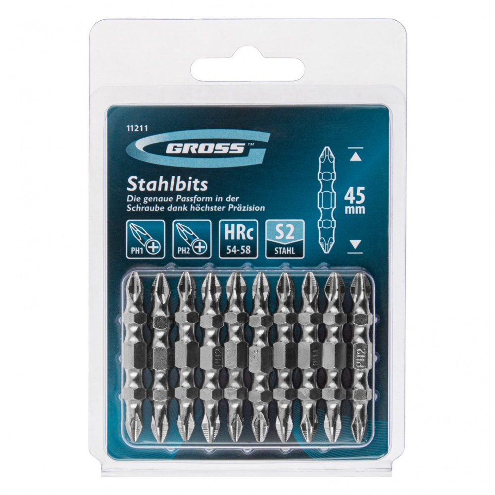 Бита двухсторонняя, PH2-PH1 х 45 мм, сталь S2, 10 шт. Gross