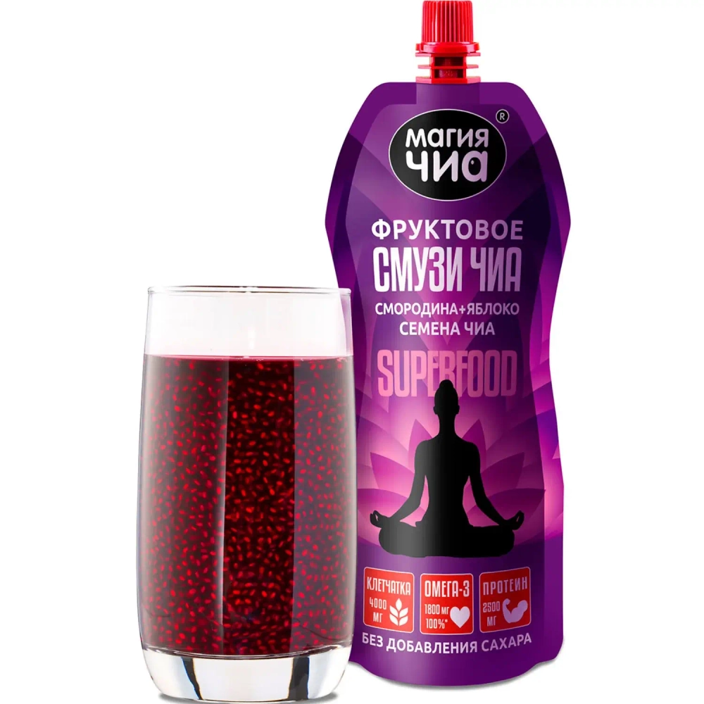 Фруктовое смузи Чиа Смородина+Яблоко МАГИЯ ЧИА, 250 г, упаковка и стакан